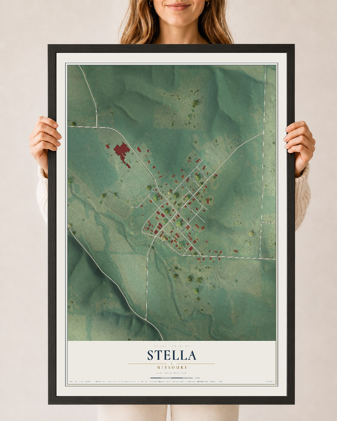 Map of Stella, Missouri, 24 x 36 inch print in a black wood frame