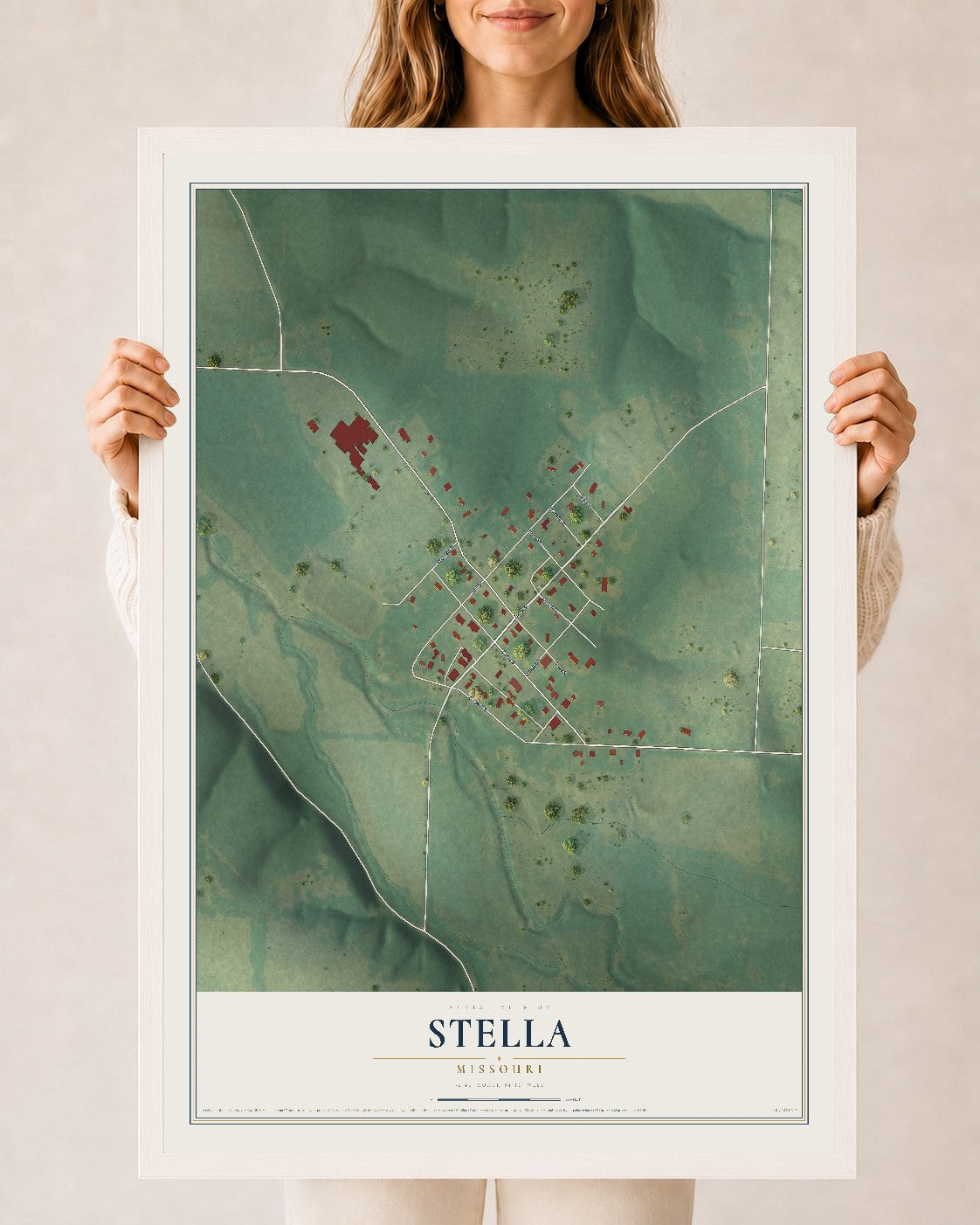 Map of Stella, Missouri, 24 x 36 inch print in a white wood frame