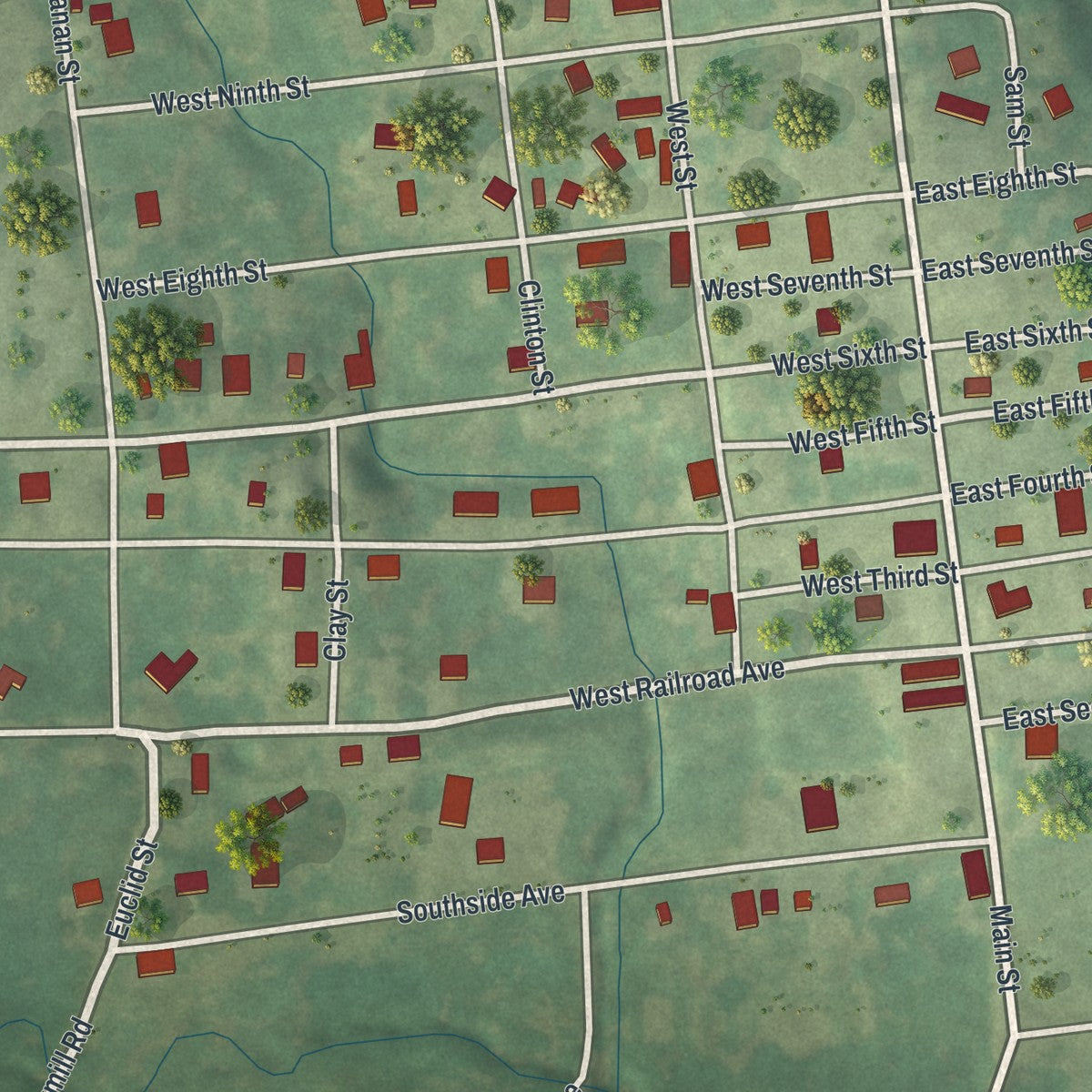 Close-up of the map of Stewartsville, Missouri print showing street and building detail