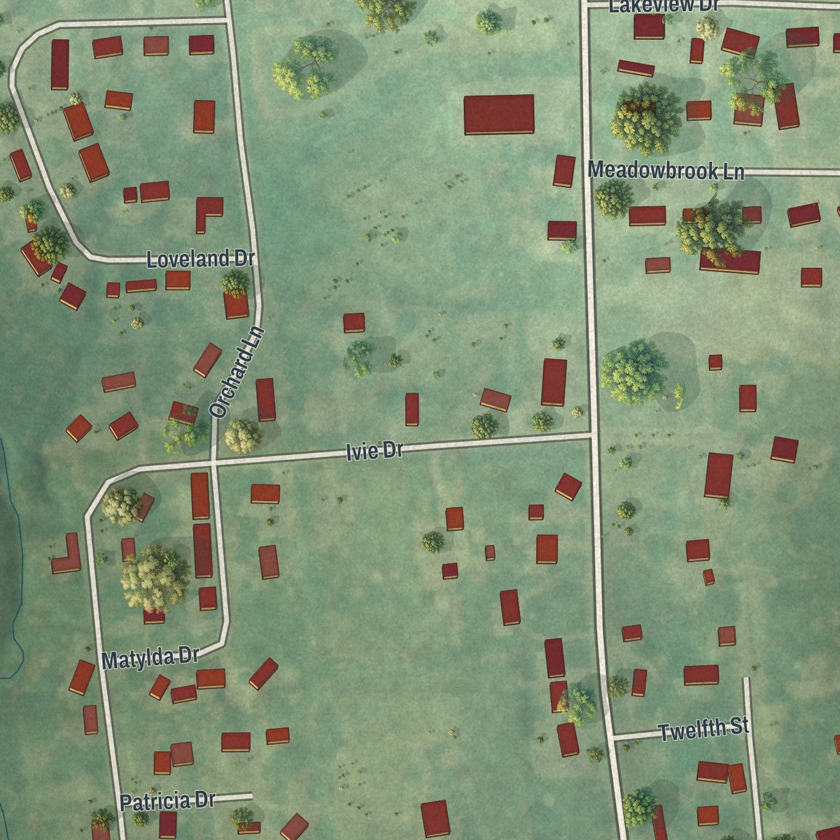 Second close-up of the map of Stewartsville, Missouri print showing more streets and buildings