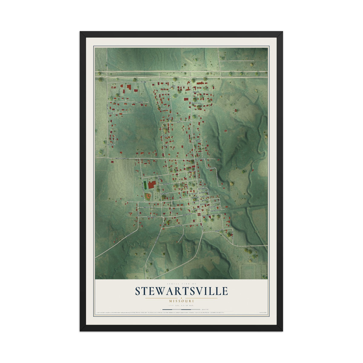 Map of Stewartsville, Missouri, 12 x 18 inch print in a black wood frame
