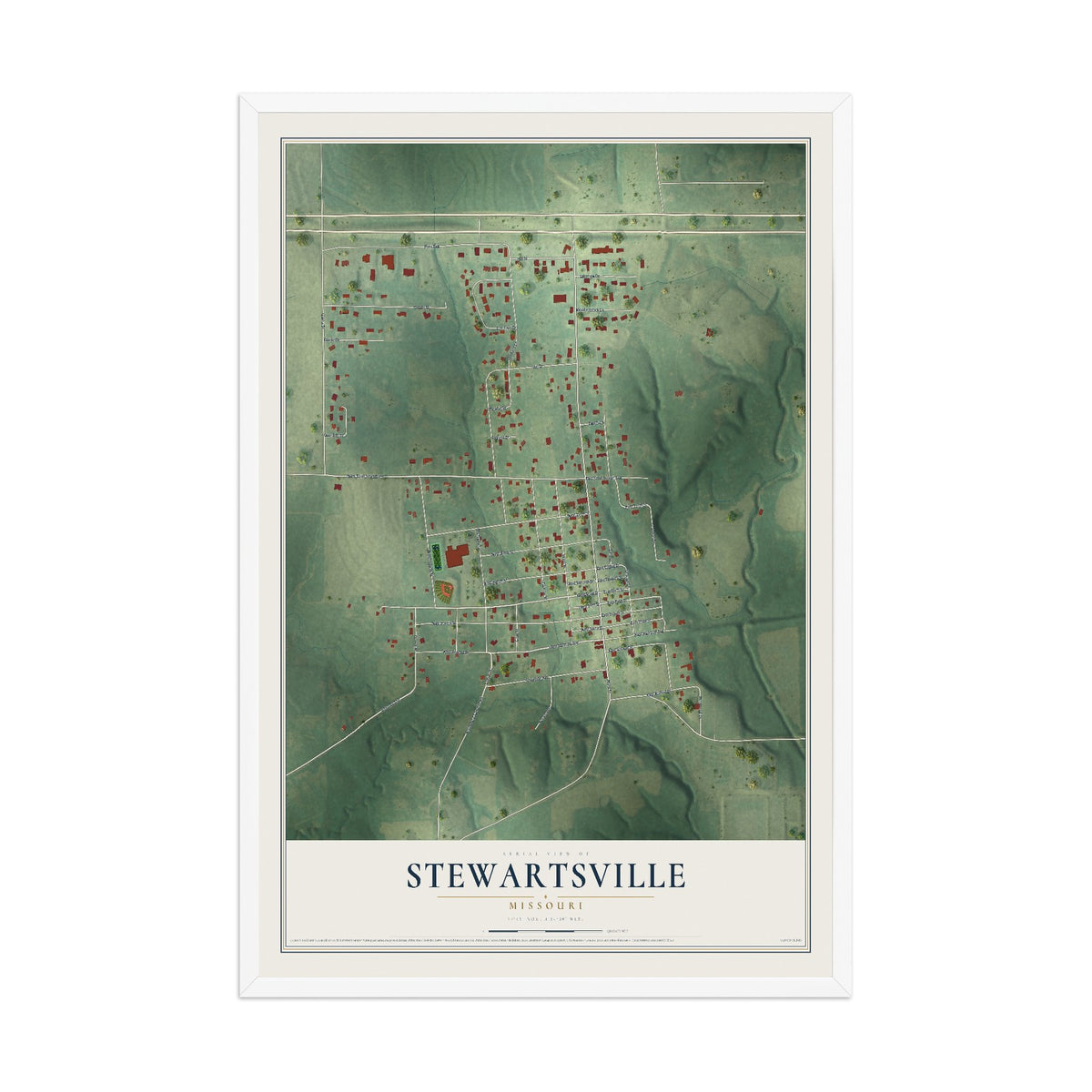 Map of Stewartsville, Missouri, 12 x 18 inch print in a white wood frame