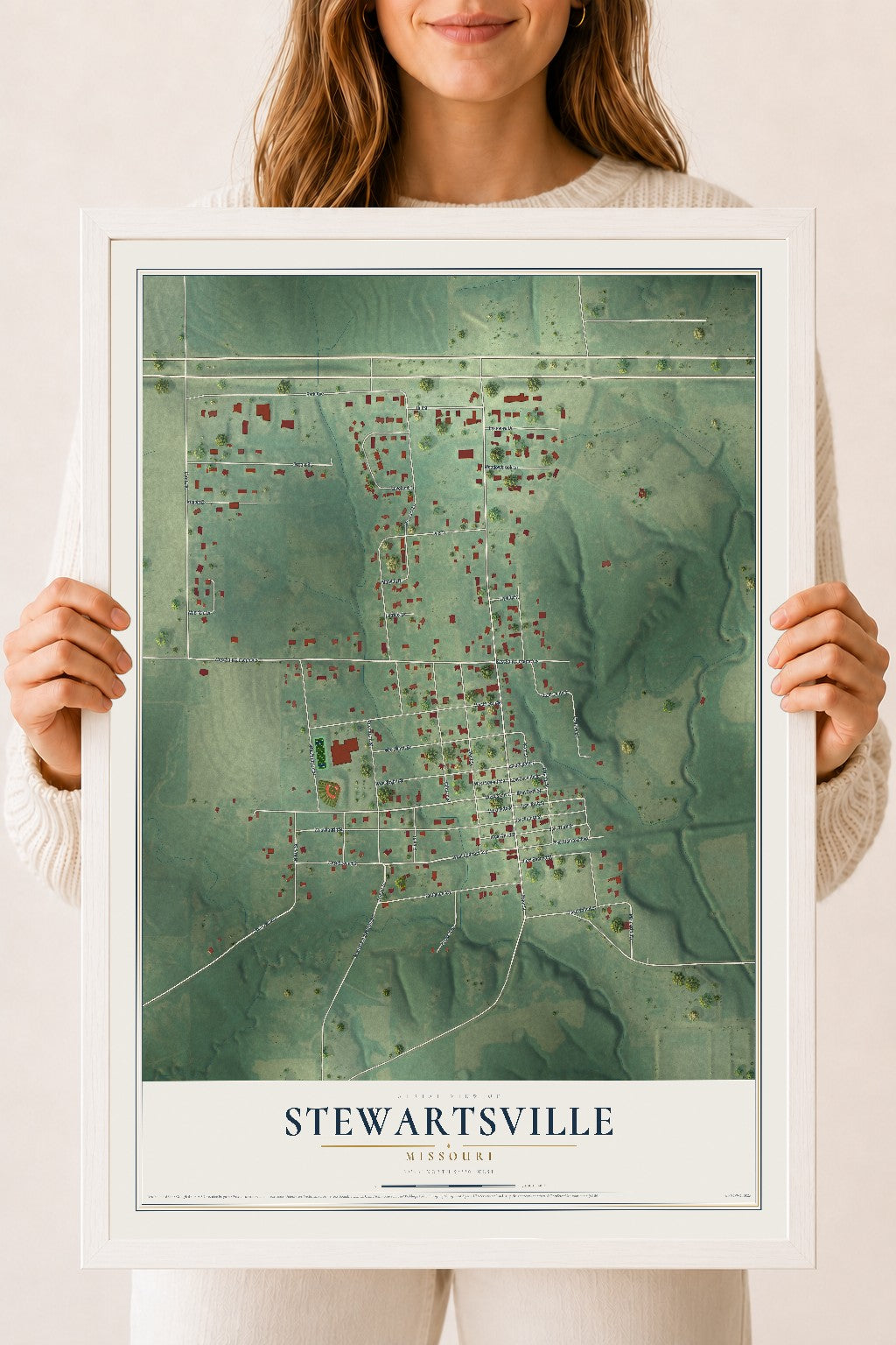 Map of Stewartsville, Missouri, 18 x 24 inch print in a white wood frame
