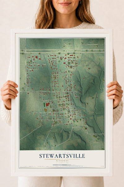 Map of Stewartsville, Missouri, 18 x 24 inch print in a white wood frame