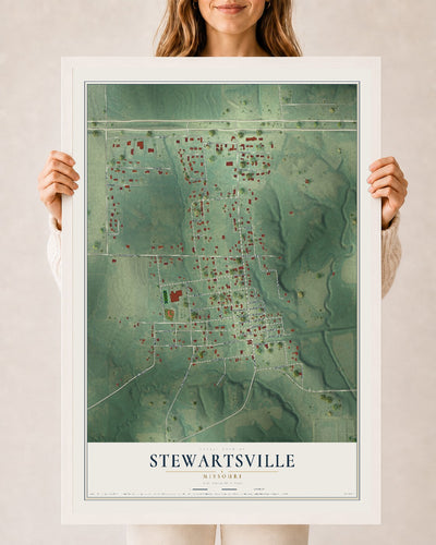 Map of Stewartsville, Missouri, 24 x 36 inch print in a white wood frame