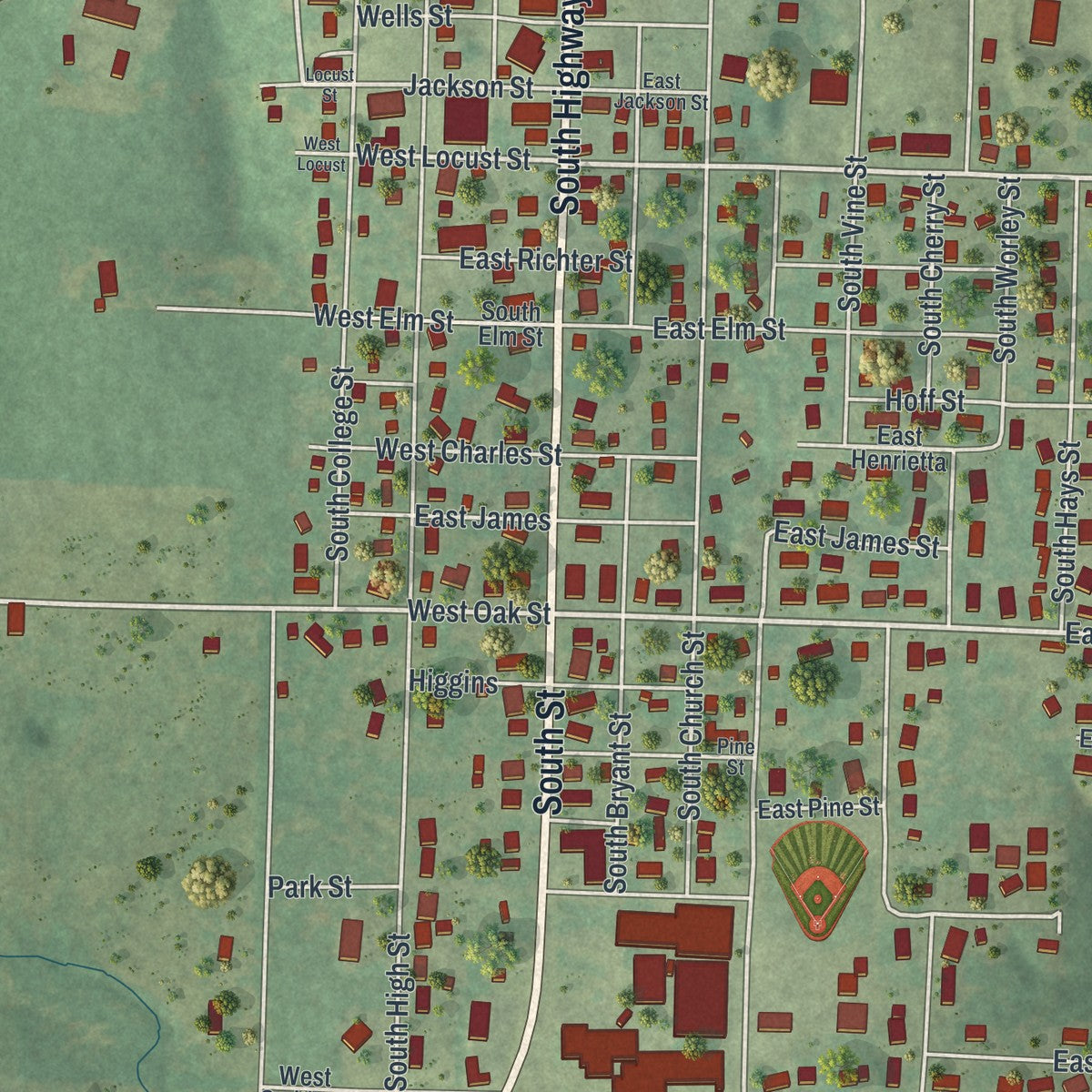 Close-up of the map of Stockton, Missouri print showing street and building detail