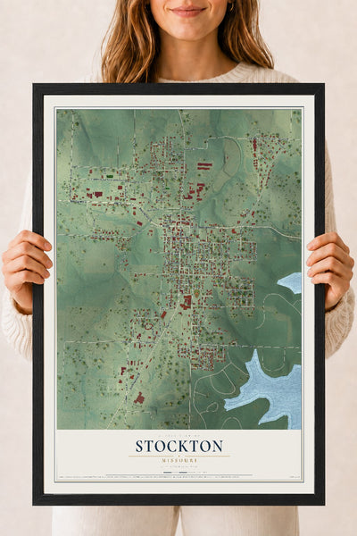 Map of Stockton, Missouri, 18 x 24 inch print in a black wood frame
