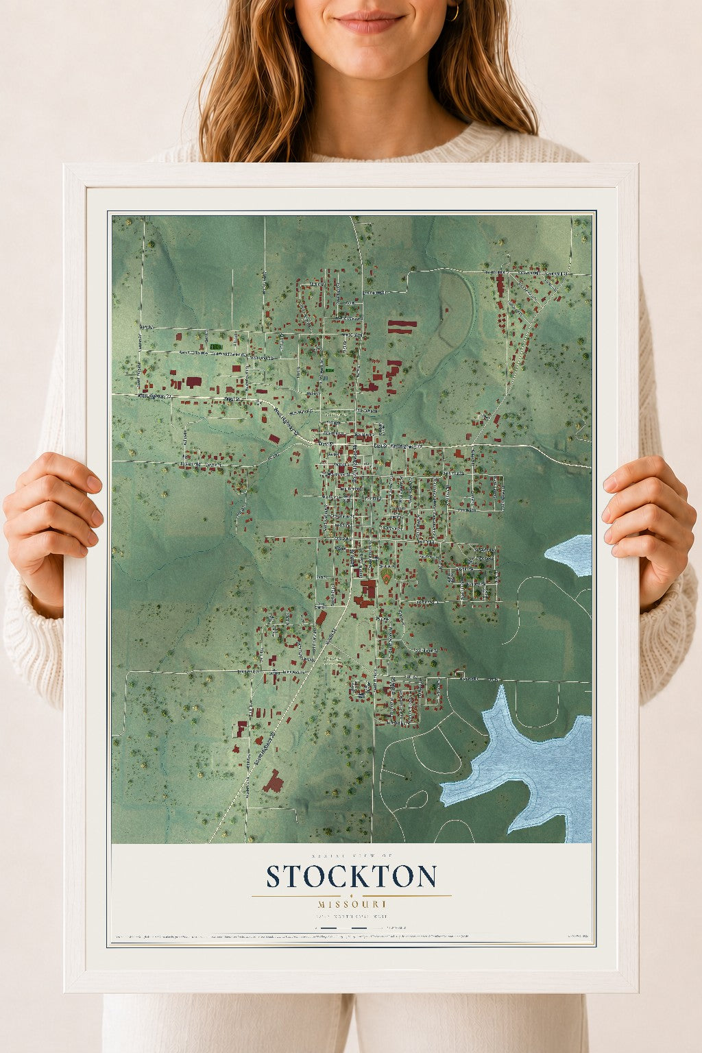Map of Stockton, Missouri, 18 x 24 inch print in a white wood frame