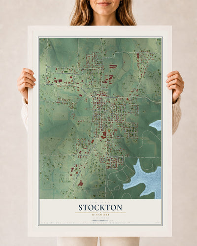Map of Stockton, Missouri, 24 x 36 inch print in a white wood frame