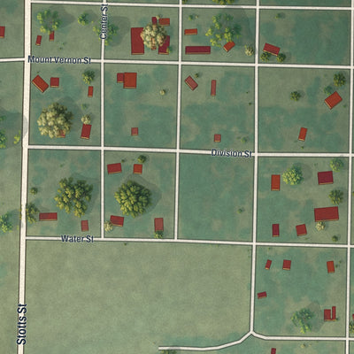 Close-up of the map of Stotts City, Missouri print showing street and building detail
