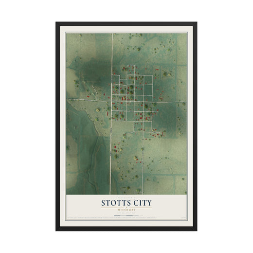 Map of Stotts City, Missouri, 12 x 18 inch print in a black wood frame