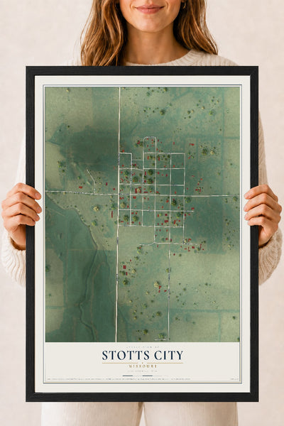 Map of Stotts City, Missouri, 18 x 24 inch print in a black wood frame