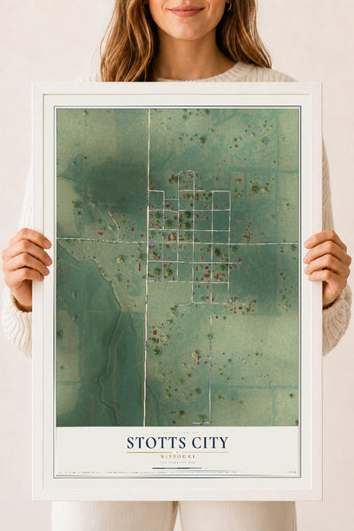 Map of Stotts City, Missouri, 18 x 24 inch print in a white wood frame