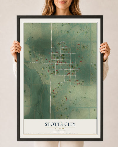 Map of Stotts City, Missouri, 24 x 36 inch print in a black wood frame
