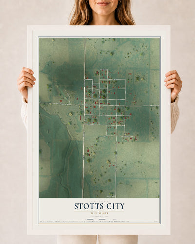 Map of Stotts City, Missouri, 24 x 36 inch print in a white wood frame