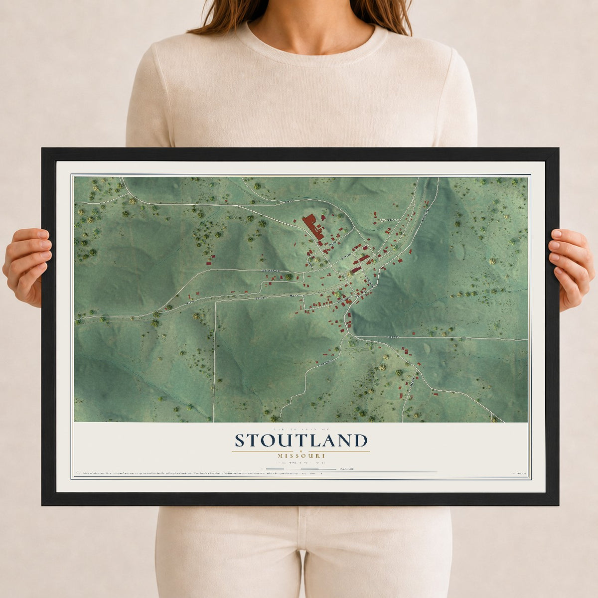 Map of Stoutland, Missouri, 12 x 18 inch print in a black wood frame