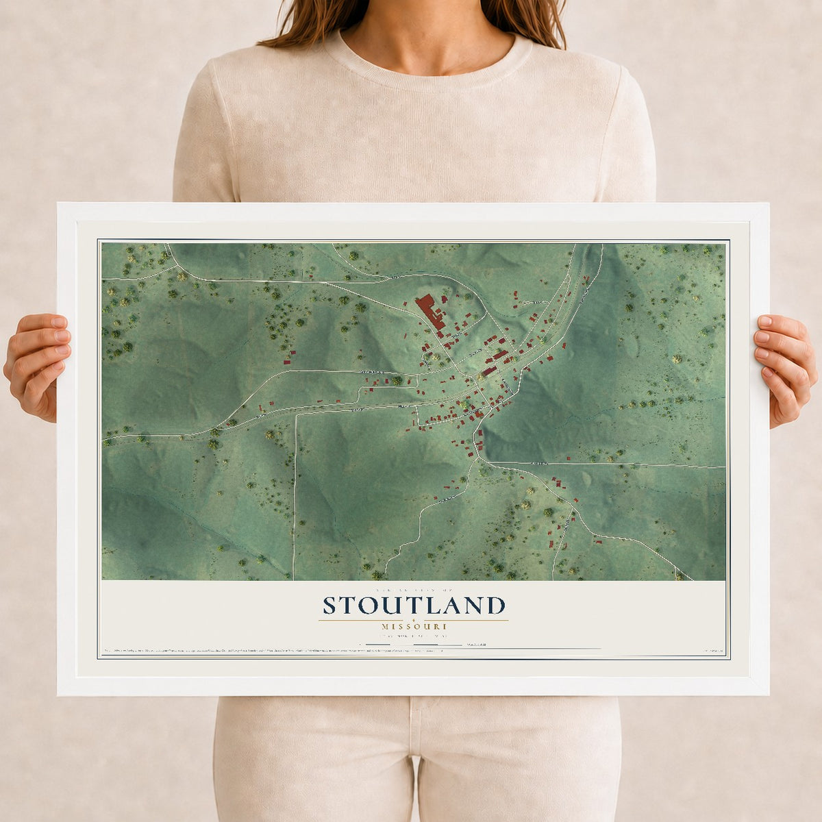 Map of Stoutland, Missouri, 12 x 18 inch print in a white wood frame