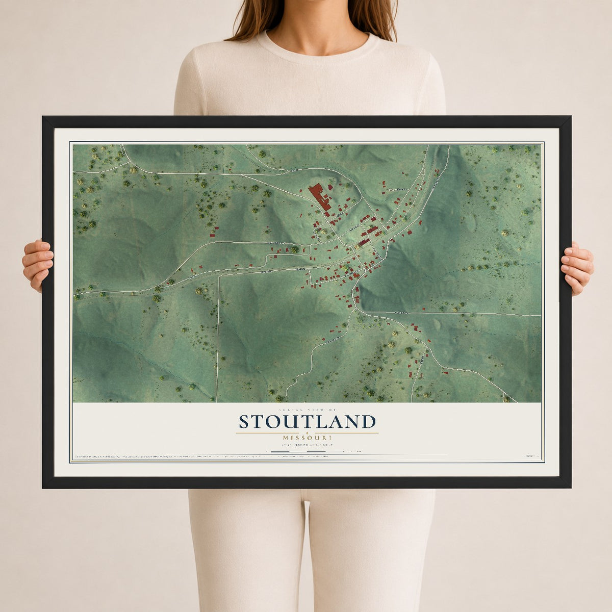 Map of Stoutland, Missouri, 24 x 36 inch print in a black wood frame