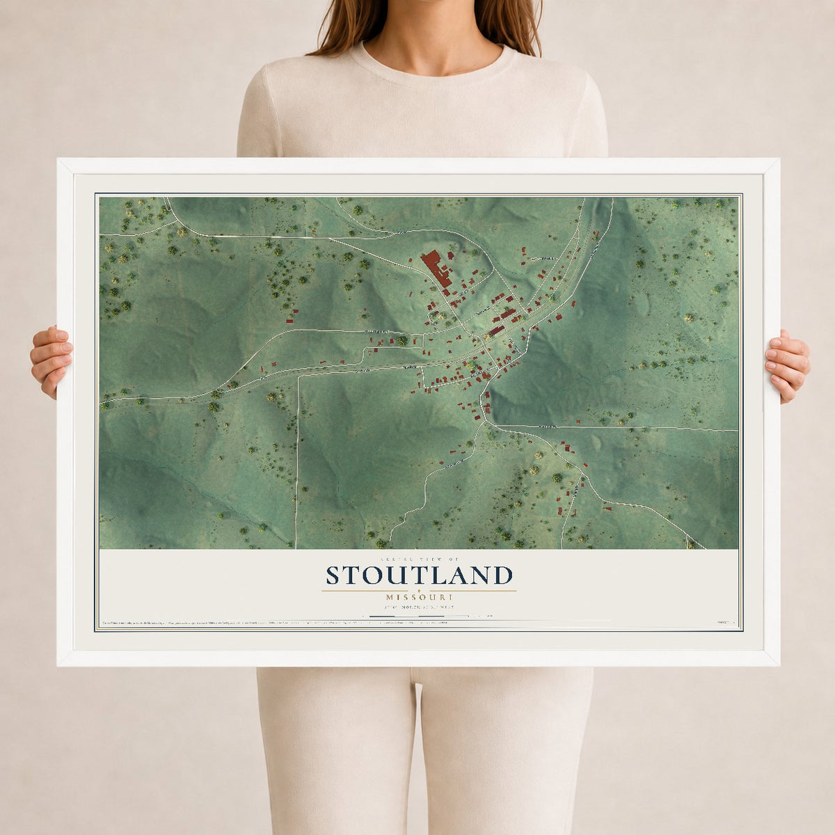 Map of Stoutland, Missouri, 24 x 36 inch print in a white wood frame