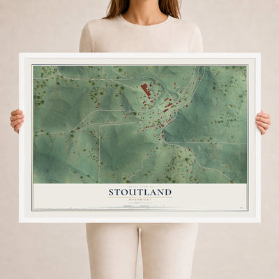 Map of Stoutland, Missouri, 24 x 36 inch print in a white wood frame