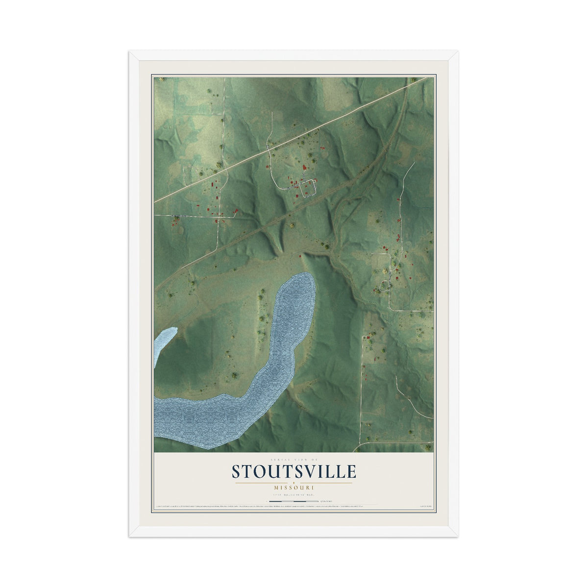 Map of Stoutsville, Missouri, 12 x 18 inch print in a white wood frame