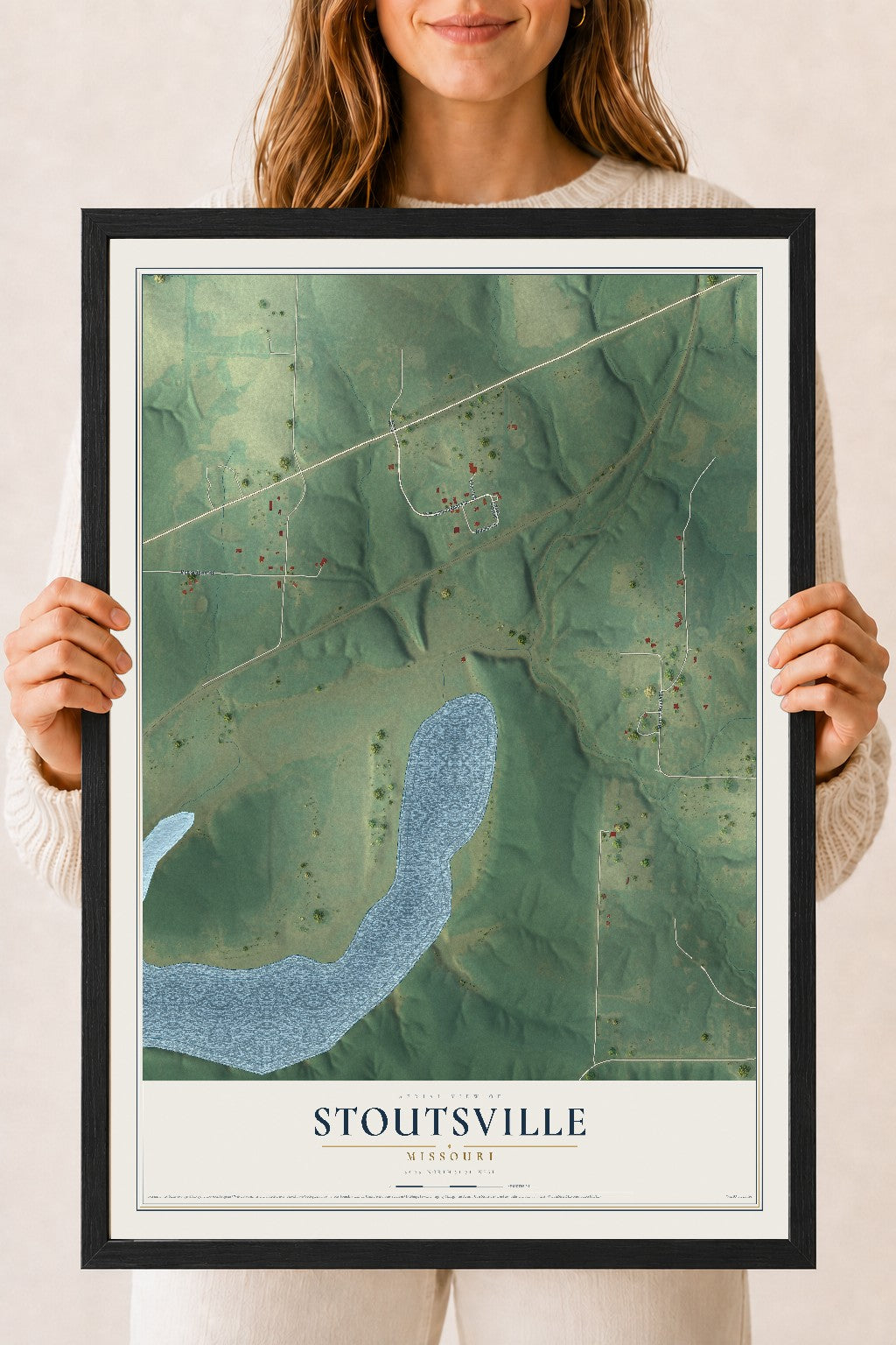 Map of Stoutsville, Missouri, 18 x 24 inch print in a black wood frame