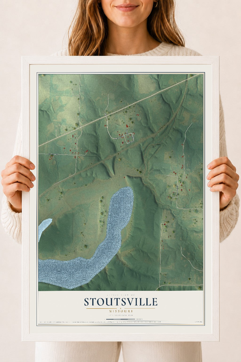 Map of Stoutsville, Missouri, 18 x 24 inch print in a white wood frame