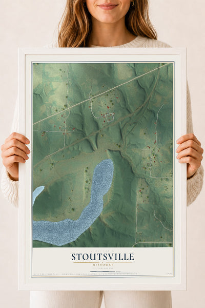 Map of Stoutsville, Missouri, 18 x 24 inch print in a white wood frame