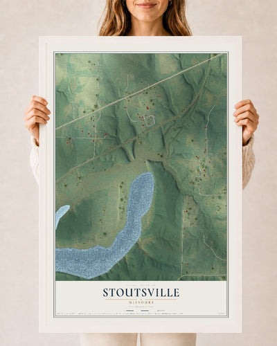 Map of Stoutsville, Missouri, 24 x 36 inch print in a white wood frame