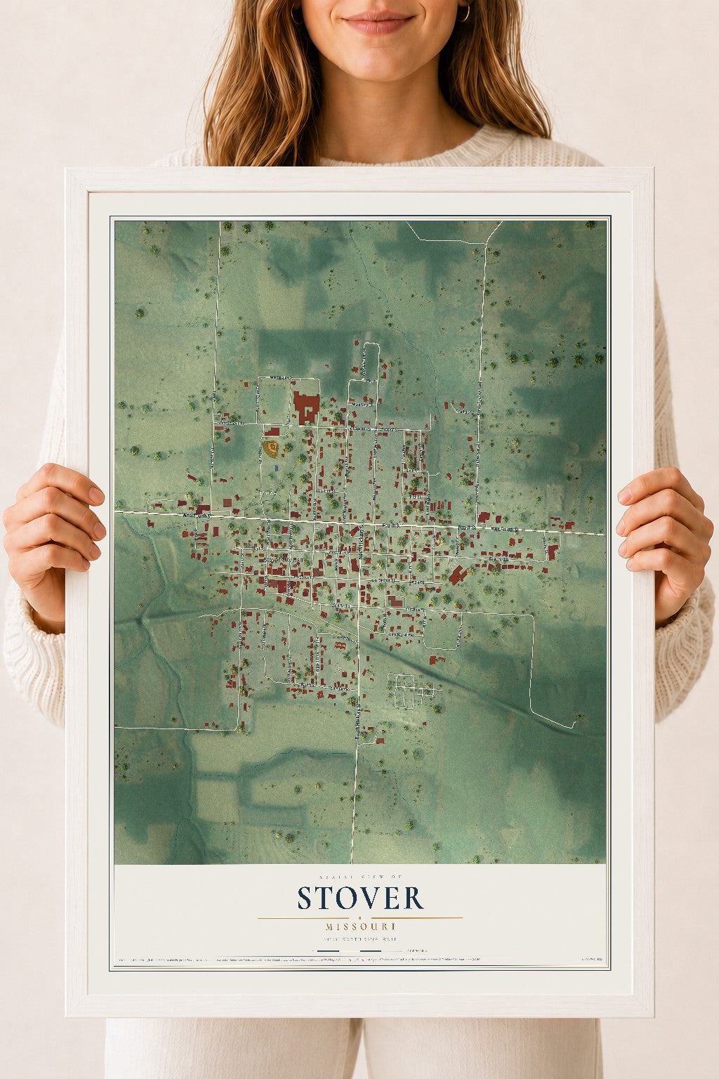 Map of Stover, Missouri, 18 x 24 inch print in a white wood frame