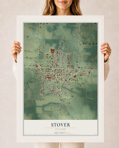 Map of Stover, Missouri, 24 x 36 inch print in a white wood frame