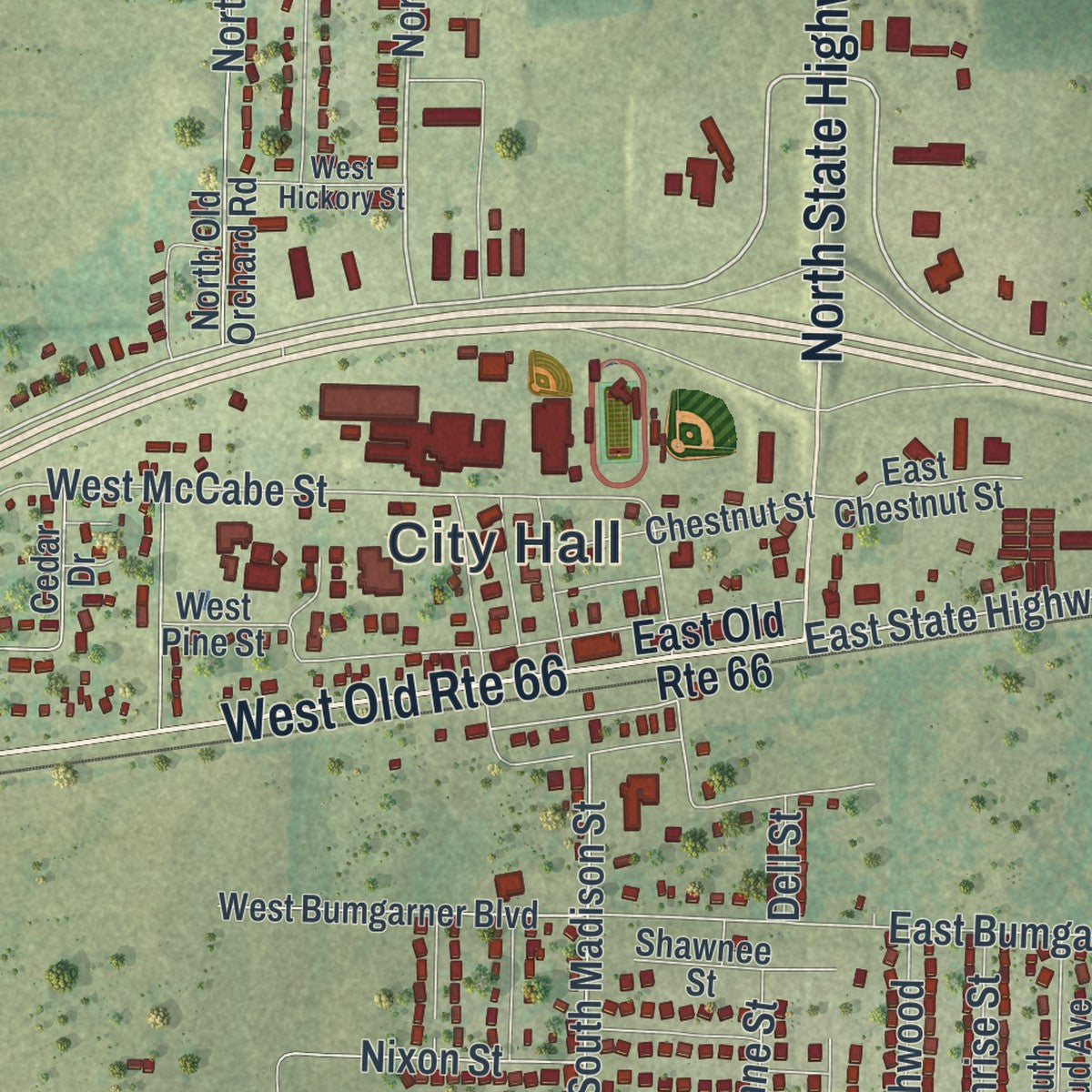 Close-up of the map of Strafford, Missouri print showing street and building detail