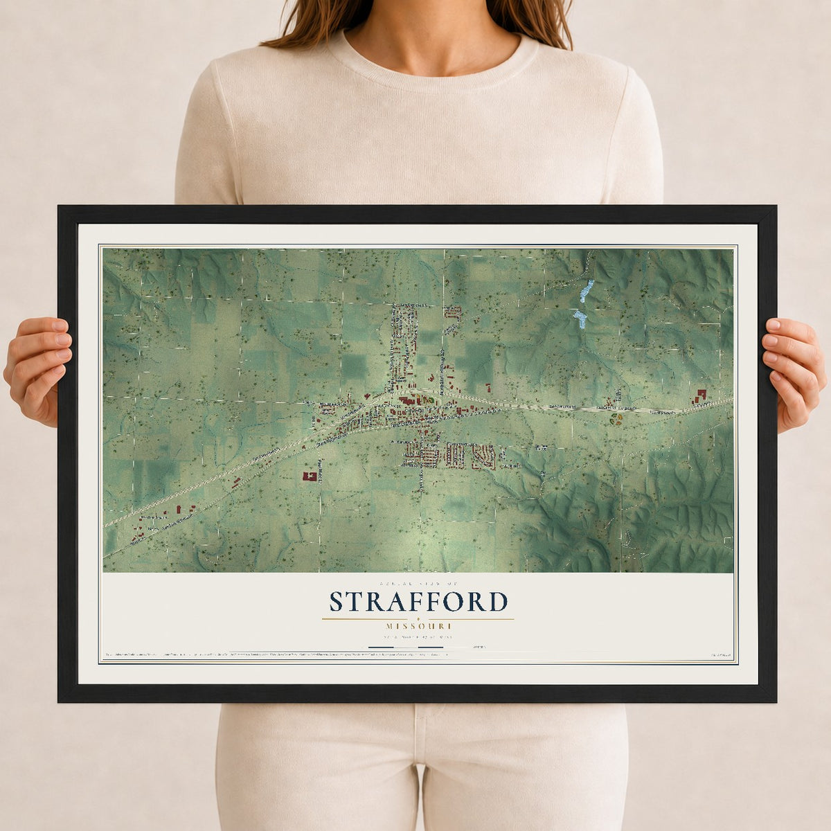 Map of Strafford, Missouri, 12 x 18 inch print in a black wood frame
