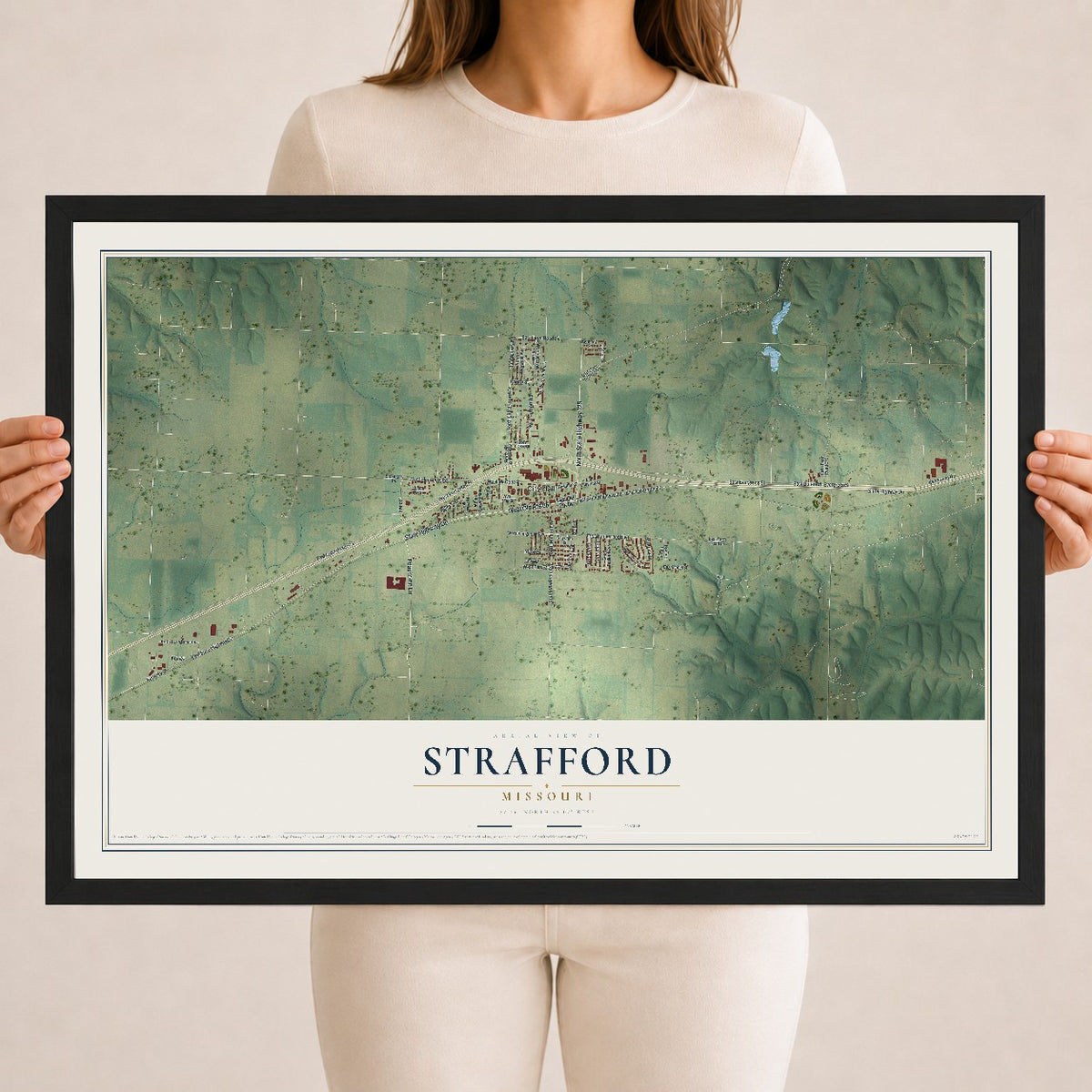 Map of Strafford, Missouri, 18 x 24 inch print in a black wood frame