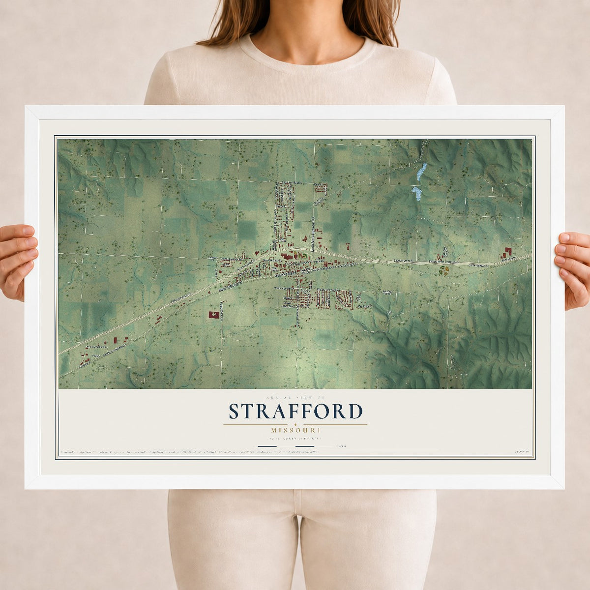Map of Strafford, Missouri, 18 x 24 inch print in a white wood frame