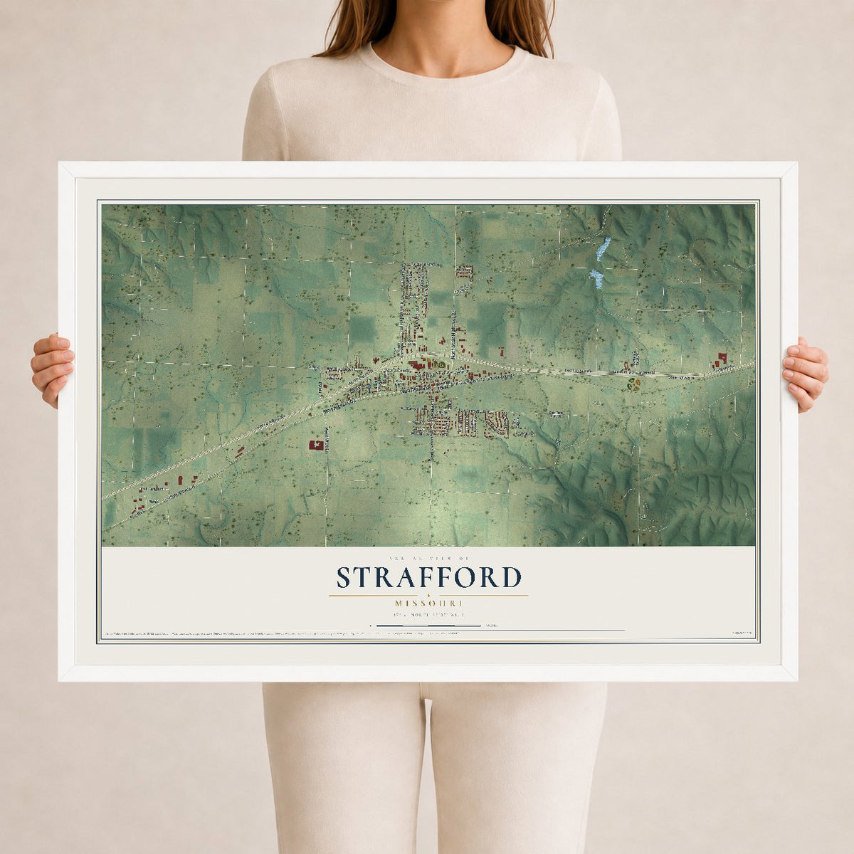 Map of Strafford, Missouri, 24 x 36 inch print in a white wood frame
