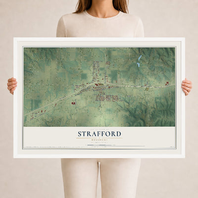 Map of Strafford, Missouri, 24 x 36 inch print in a white wood frame
