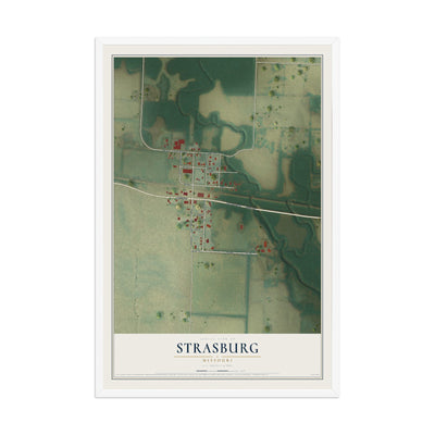 Map of Strasburg, Missouri, 12 x 18 inch print in a white wood frame