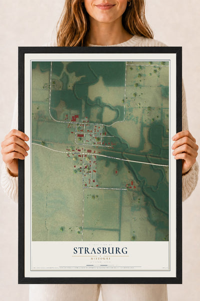 Map of Strasburg, Missouri, 18 x 24 inch print in a black wood frame