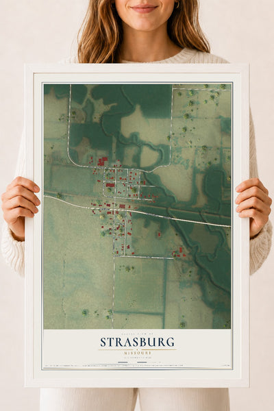 Map of Strasburg, Missouri, 18 x 24 inch print in a white wood frame