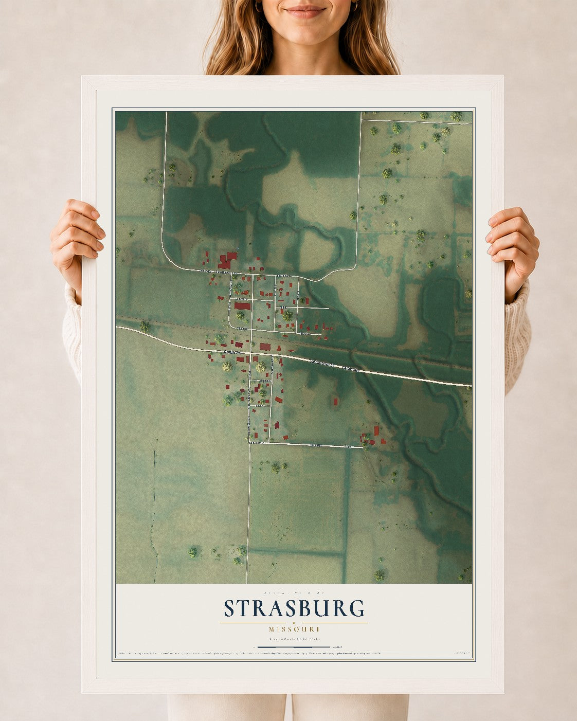 Map of Strasburg, Missouri, 24 x 36 inch print in a white wood frame