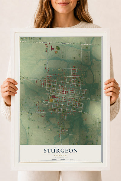 Map of Sturgeon, Missouri, 18 x 24 inch print in a white wood frame