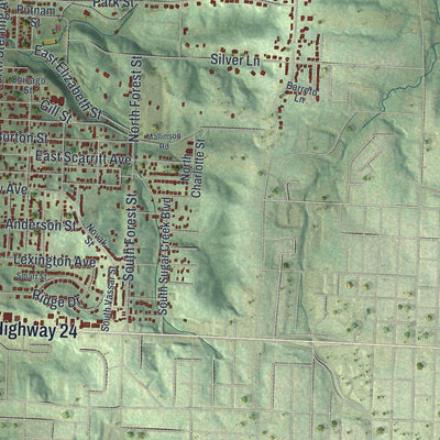 Close-up of the map of Sugar Creek, Missouri print showing street and building detail