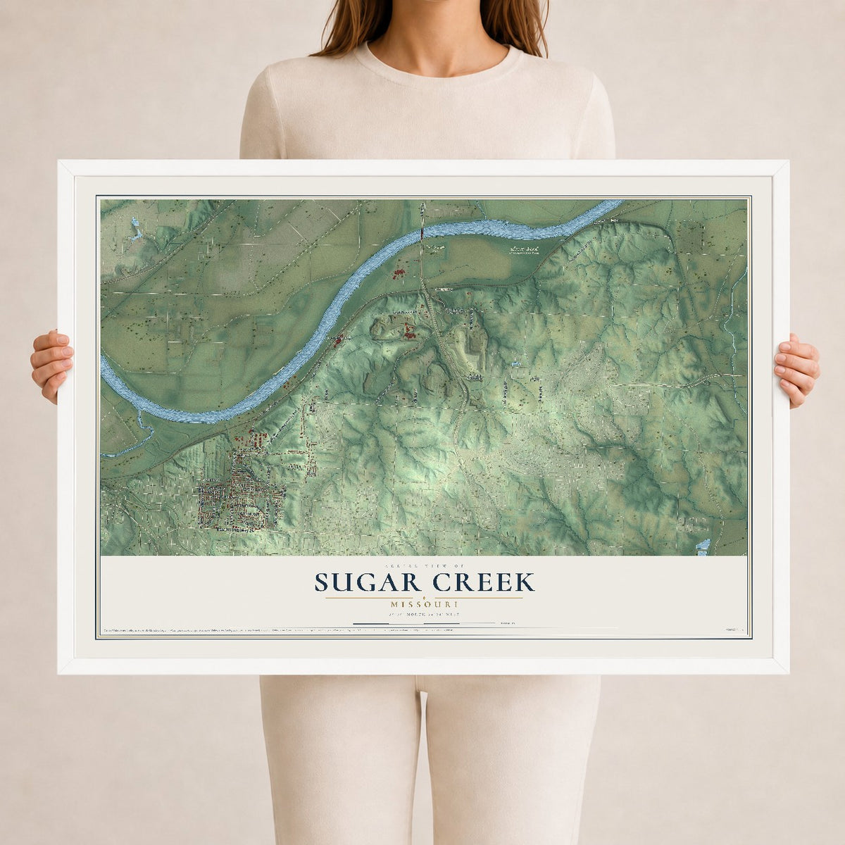 Map of Sugar Creek, Missouri, 24 x 36 inch print in a white wood frame