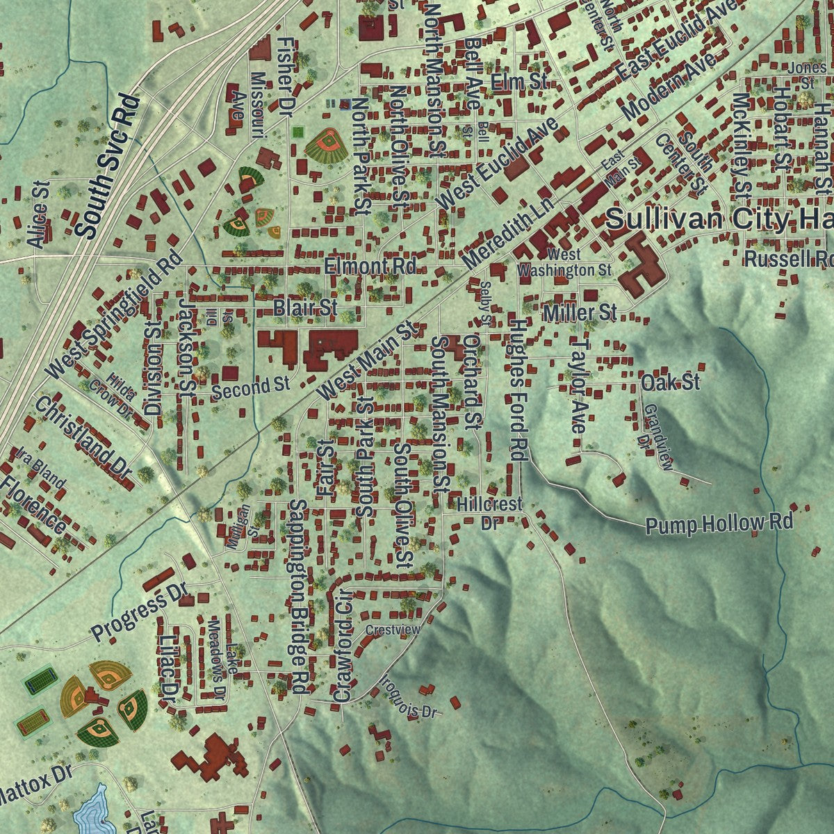Close-up of the map of Sullivan, Missouri print showing street and building detail