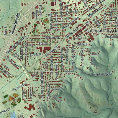 Close-up of the map of Sullivan, Missouri print showing street and building detail