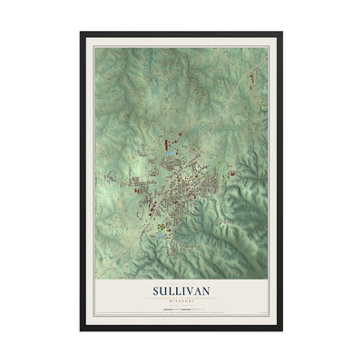 Map of Sullivan, Missouri, 12 x 18 inch print in a black wood frame