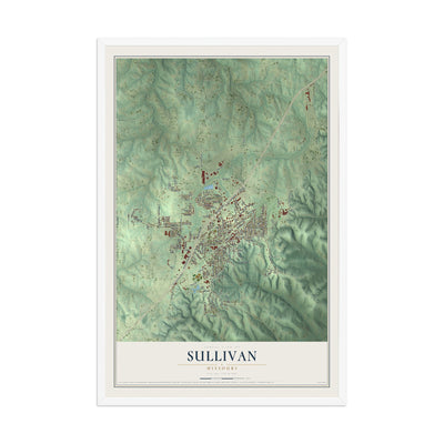 Map of Sullivan, Missouri, 12 x 18 inch print in a white wood frame
