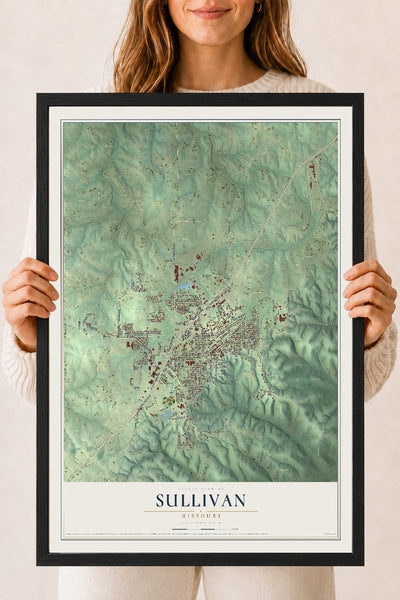 Map of Sullivan, Missouri, 18 x 24 inch print in a black wood frame