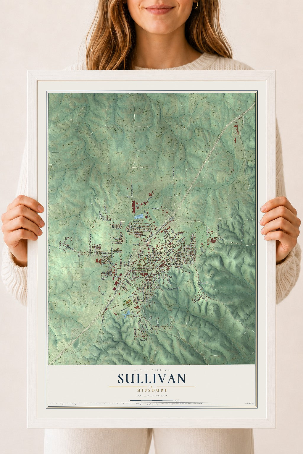 Map of Sullivan, Missouri, 18 x 24 inch print in a white wood frame